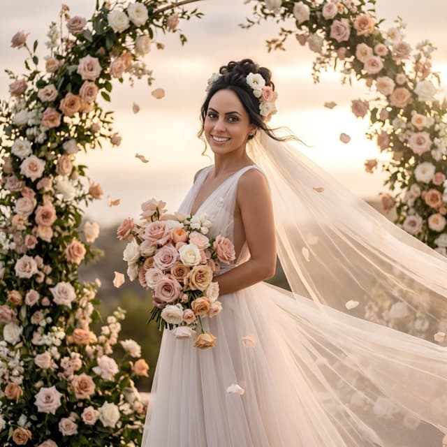 AI-FX result placing the guest in a wedding dress and veil beneath a floral arch at sunset