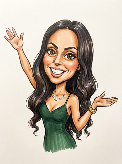 AI-FX result drawing the guest as a hand-illustrated caricature in her green dress