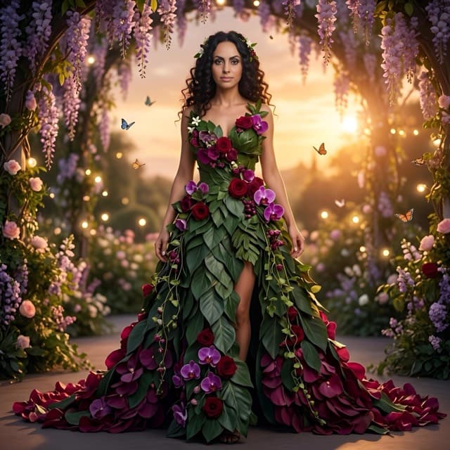 AI-FX result dressing the guest in a gown made of leaves and orchids in a wisteria garden