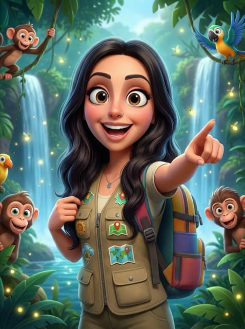 AI-FX result styling the guest as an animated jungle explorer surrounded by monkeys and a waterfall