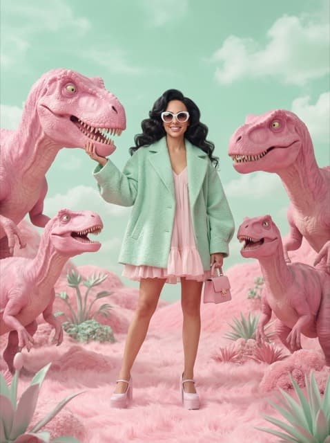 AI-FX result placing the guest in a pastel pink landscape surrounded by cartoon dinosaurs