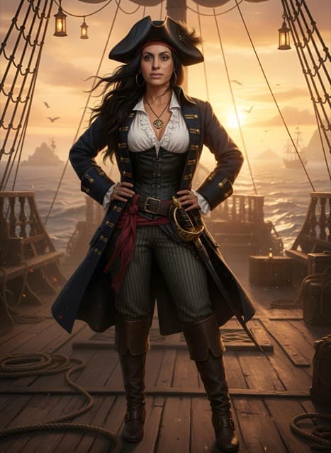 AI-FX result styling the guest as a pirate captain on the deck of a ship at sunset
