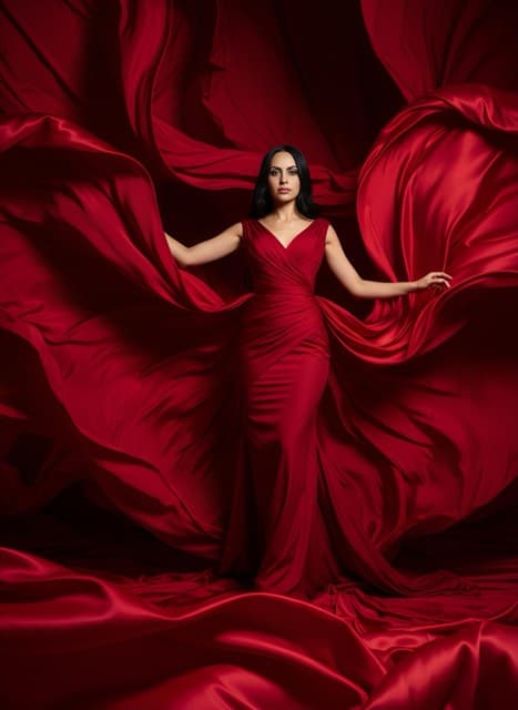 AI-FX result placing the guest in a red satin gown among sweeping folds of red fabric