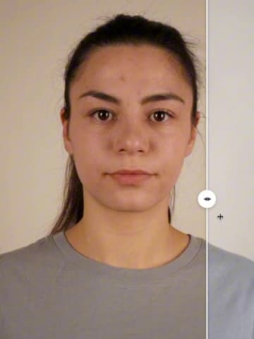 Before and after an AI touch-up, showing subtle skin smoothing and teeth whitening on a guest photo