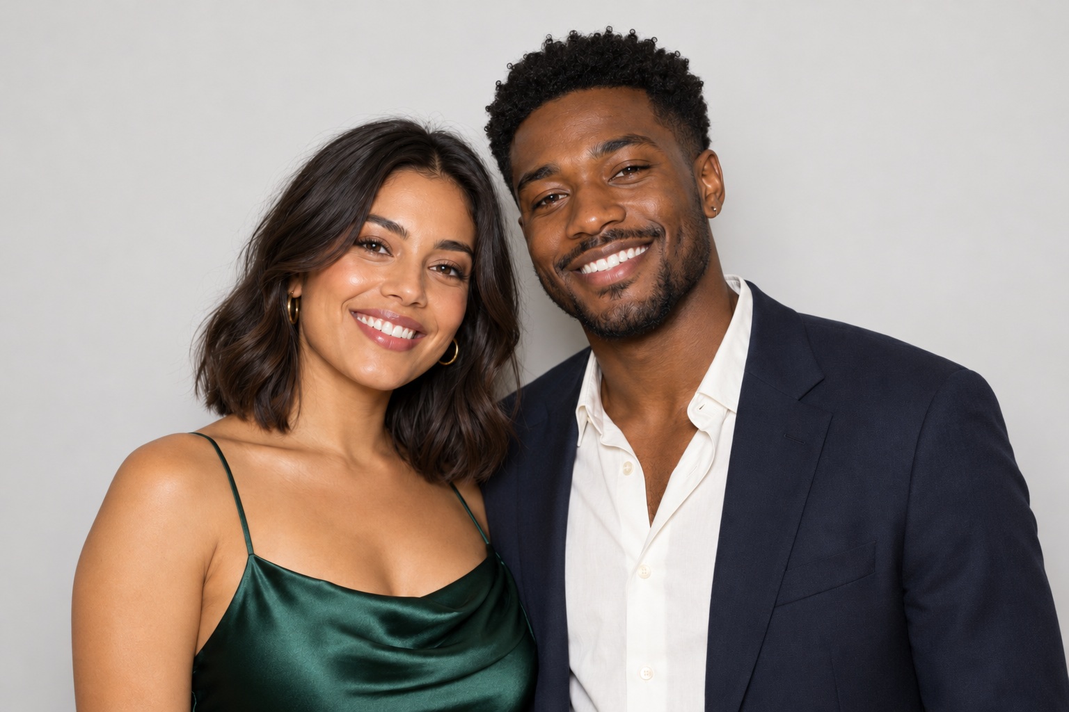 Colour original: a smiling couple in evening wear against a light studio wall