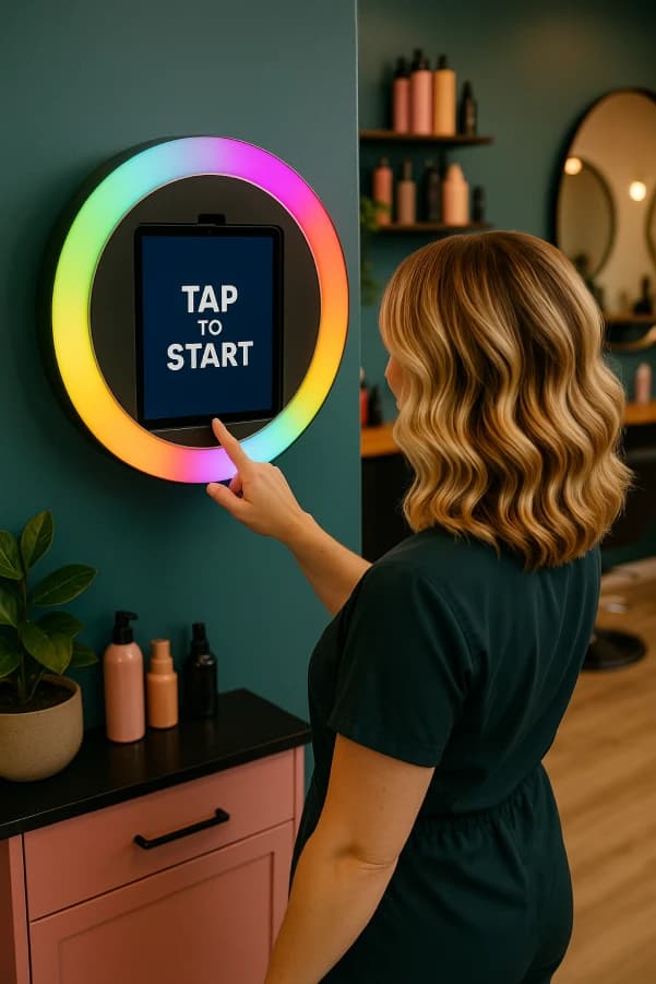 Restaurant or bar with wall-mounted photo booth on brick wall