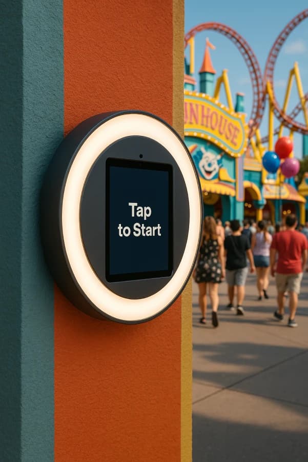 Theme park with photo booth kiosk and roller coaster